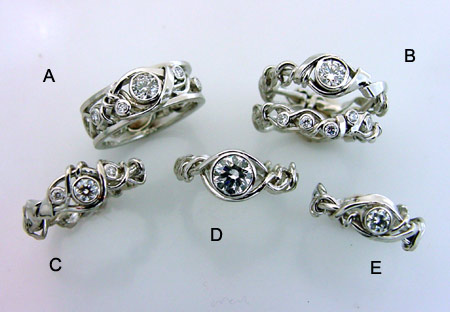 Five Platinum Vine and Trellis Rings with Diamonds