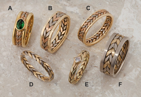 Six herring bone laurel leaf woven rings